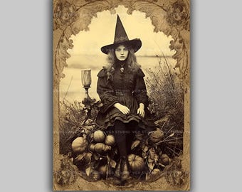 Vintage Hexe Halloween Wand Kunst Druck, Victorian Gothic Mädchen mit Kürbissen, Sepia Dark Academia Poster, Herbst Witchy Samhain Dekor H25