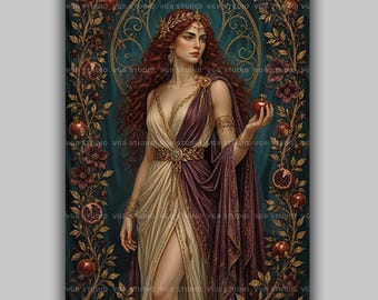 Persephone Art Print, Red Haired Greek Goddess Holding a Pomegranate, Teal and Gold Nouveau Botanical Border, Mythology Decor AN26