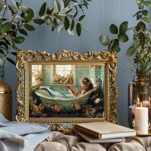 Mermaid Reading in Floral Bathtub Wall Art Print Vintage Bathroom Decor, Cottagecore Fantasy Book Lover Gift Whimsical Siren Horizontal y81 image 4