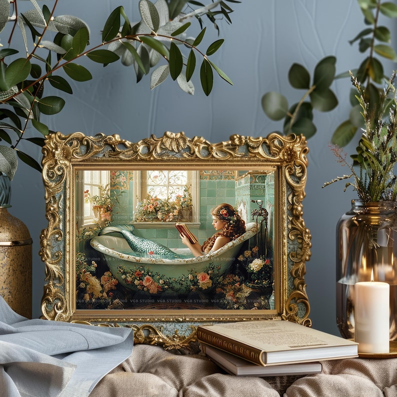 Mermaid Reading in Floral Bathtub Wall Art Print Vintage Bathroom Decor, Cottagecore Fantasy Book Lover Gift Whimsical Siren Horizontal y81 image 4