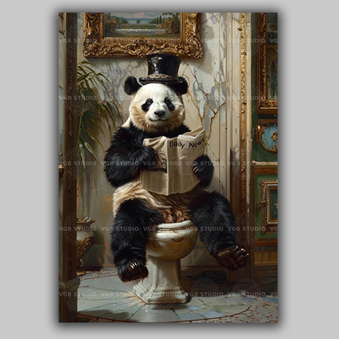 Funny Panda Wall Art Reading Newspaper on Toilet Whimsical Bathroom ...