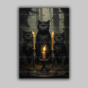Black Cat Art Print Gothic Witch Decor Candlelit Feline Trio Ritual Illustration Spooky Halloween Wall Art Occult Dark Forest Witchy E59