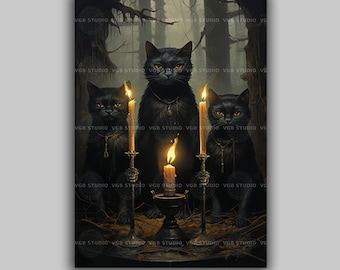 Black Cat Art Print Gothic Witch Decor Candlelit Feline Trio Ritual Illustration Spooky Halloween Wall Art Occult Dark Forest Witchy E59