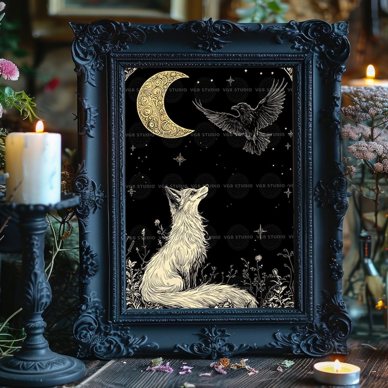 Fox and Raven Art Print Moon Night Mystical Animal Black Gold Decor Folklore Illustration Witchy Wall Art Celestial Stars Botanical Gift z39 image 2