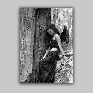 Lilith Dark Angel Gothic Fantasy Art Print Fallen Angel with Black Wings Horns in Gothic Ruins Black White Mythological Goddess Wall Art P25