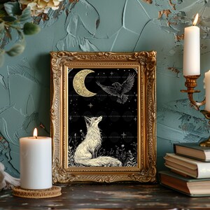Fox and Raven Art Print Moon Night Mystical Animal Black Gold Decor Folklore Illustration Witchy Wall Art Celestial Stars Botanical Gift z39 image 5