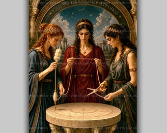 Thread of Life Moirai Greek Mythology Art Print, Clotho Lachesis Atropos Poster, Celestial Decor, Classical Painting, Dark Academia AP02