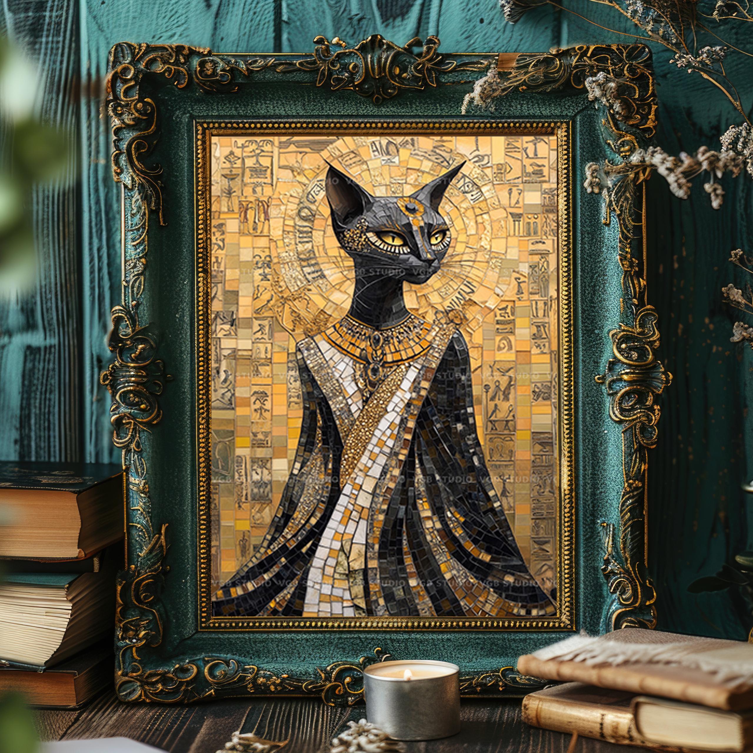 エジプト ビンテージポスター 猫 Bastet Cat by M. Azmy Bastet Art Print | Egyptian Cat Goddess Mosaic | Ancient Egypt