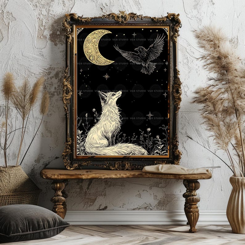 Fox and Raven Art Print Moon Night Mystical Animal Black Gold Decor Folklore Illustration Witchy Wall Art Celestial Stars Botanical Gift z39 image 8
