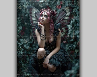 Gothic Dark Fairy Art Print, Pink Haired Fae with Butterfly Wings and a Rose Crown, Ivy Garden Whimsigoth Fairycore Wall Decor AH98