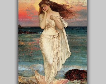 Aphrodite Greek Goddess Rising on Seashell at Sunset Serene Ocean Beauty Mythology Romantic Divine Feminine Classic Wall Art Print AK32