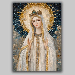 Lámina artística de Nuestra Señora de Knock, icono católico irlandés de la aparición silenciosa, Virgen en mosaico blanco y dorado, decoración devocional mariana AN25