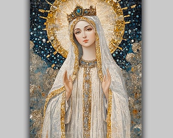 Our Lady of Knock Art Print, Irish Catholic Icon of the Silent Apparition, White Gold Mosaic Madonna, Marian Devotional Decor AN25