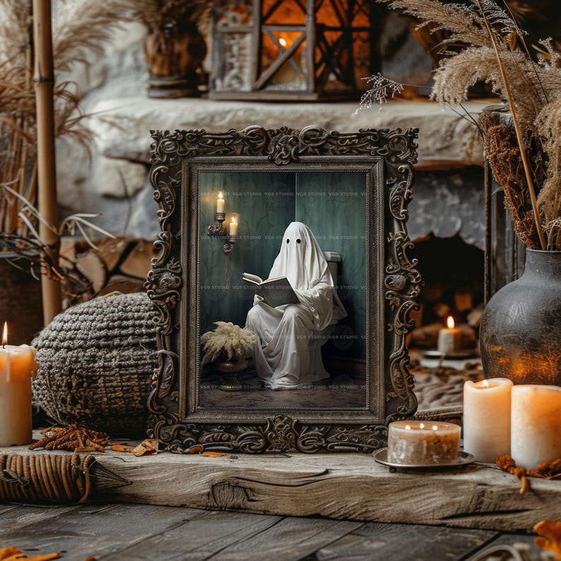 Funny Ghost Bathroom Wall Art Print, Spooky Toilet Reading Poster, Gothic Room Decor, Haunted Book Lover Artwork, Quirky Halloween Print H27 image 7