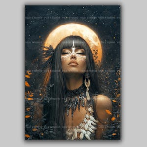 May include: An artistic print featuring a woman with long black hair, adorned with white face paint and jewelry. A large, glowing moon is behind her, set against a dark, starry background. The artwork has a mystical, ethereal theme.