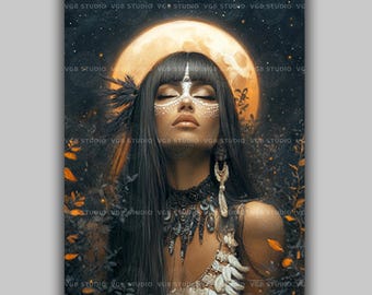 Jaci Moon Goddess Art Print, Brazilian Lunar Deity with White Face Paint and Black Feathers, Harvest Moon Autumn Night Wall Decor AJ43