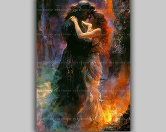 Hades and Persephone Art Print, Greek Mythology Lovers in Firelight, Dark Romantasy Bedroom Decor, Impasto Oil Painting Style m78