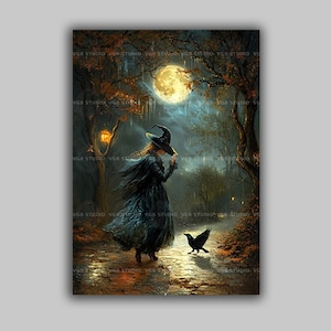 Witch Art Print Moon Wall Decor Gothic Forest Witch Print Halloween Raven Artwork Autumn Night Pagan Gift Witchy Home Decor Spooky t45