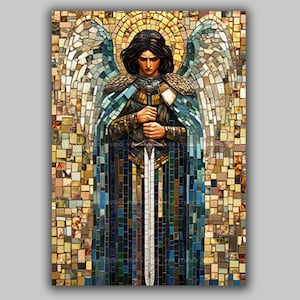 Archangel Michael Angel of Protection Justice and Strength Mosaic Wall Art Print Christian Spiritual Guardian Angel Sword Artwork AK45