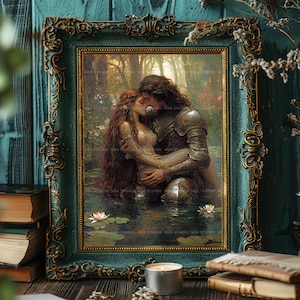 Muurdecoratie met ridder en jonkvrouw, fantasyromantiek, Arthurlegende, middeleeuwse kunst, decoratie met waterlelies, Dark Academia, sprookjesachtige cadeaus ad70T afbeelding 5