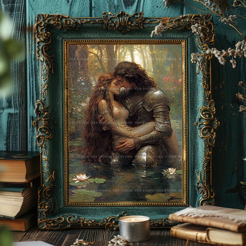 Muurdecoratie met ridder en jonkvrouw, fantasyromantiek, Arthurlegende, middeleeuwse kunst, decoratie met waterlelies, Dark Academia, sprookjesachtige cadeaus ad70T afbeelding 5