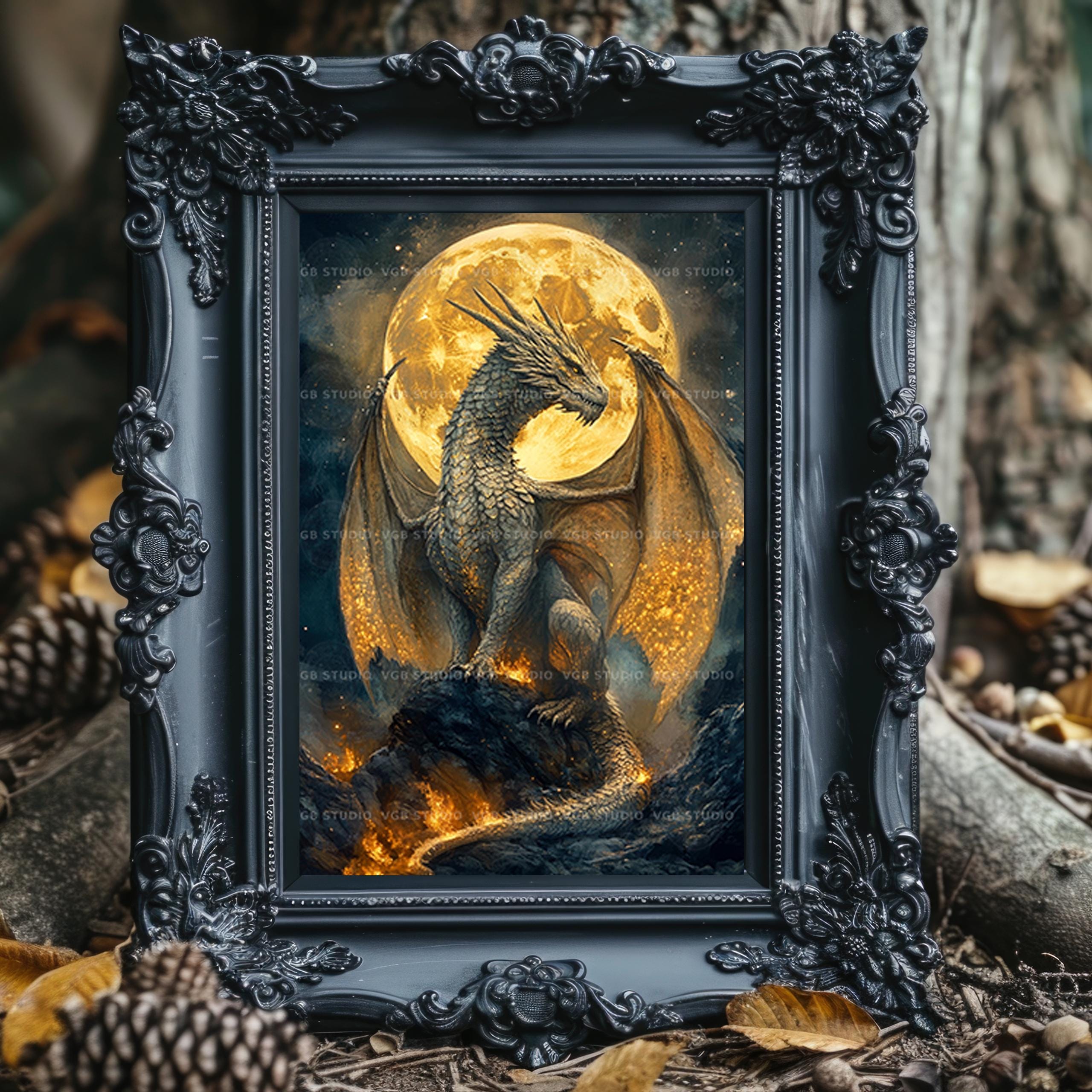 Silver Dragon Under Full Moon Art Print Mystical Fantasy Creature ...