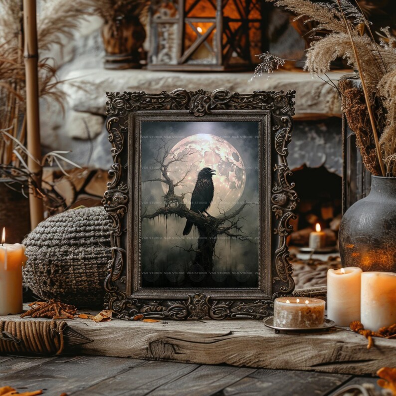 Edgar Allan Poe Raven Wall Art, Nevermore Crow Moon Print, Gothic Halloween Poster, Macabre Night Sky Painting, Spooky Corvid Home Decor H61 image 5