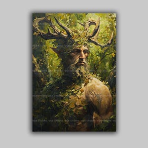 Impression d'art mural Cernunnos, divinité celtique de la forêt du dieu cornu, esprit de la nature homme vert, décoration d'autel païen, mythologie druidique, sacré masculin K50