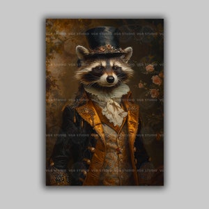 Victorian Raccoon Art Print Whimsical l Portrait Elegant Animal in Top Hat and Suit Fantasy Wall Decor Cottagecore Rustic Home Artwork k60