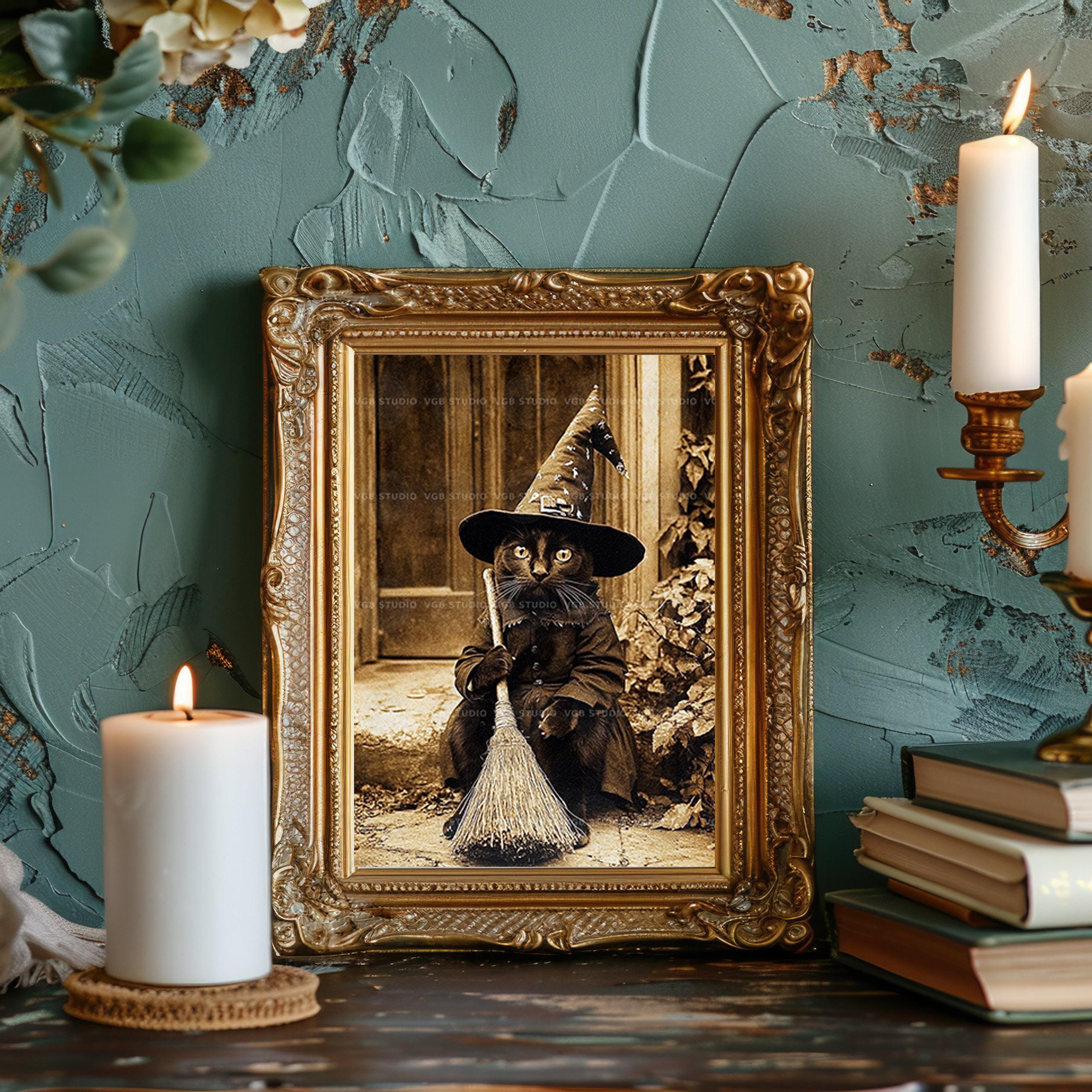 Black Cat Witch Wall Art Print, Vintage Halloween Feline With Broom ...