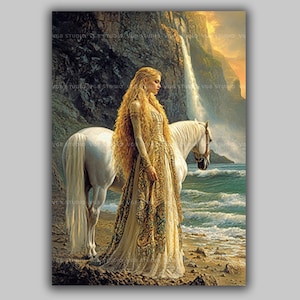 Niamh Celtic Goddess Art, Irish Mythology Print, Golden-Haired Maiden, White Horse of Tir na nÓg, Wiccan Pagan Decor, Sacred Feminine AE39