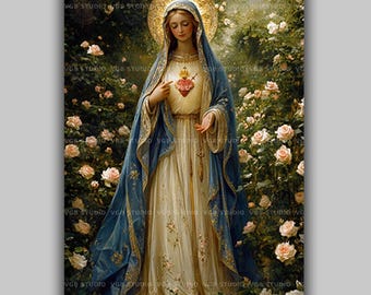 Immaculate Heart of Mary Art Print, Our Lady in a Rose Garden, Blue Mantle and Gold Halo, Classical Oil Painting Style Catholic Icon AN30