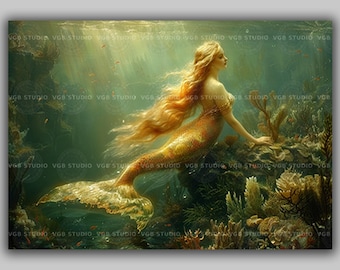 Golden Mermaid Art Print Underwater Fantasy Woman Mermaid Decor Ocean Goddess Siren Wall Art Dreamy Sea Life Home Gift Illustration q48
