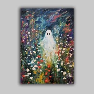 Gentle Ghost In Wildflower Meadow Wall Art Print Whimsical Floral Spirit Painting Cottage Garden Fantasy Decor Reading Room Poster E76