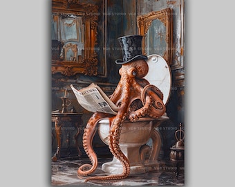 Funny Octopus Reading Newspaper Bathroom Art Victorian Steampunk Animal Print Quirky Toilet Humor Decor Top Hat Octopus Poster Whimsical L36