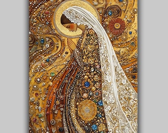 Virgin Mary Golden Heart Our Lady of Beauraing Klimt Style Print, Praying Madonna in Gold Mosaic, Catholic Icon Wall Decor AN18