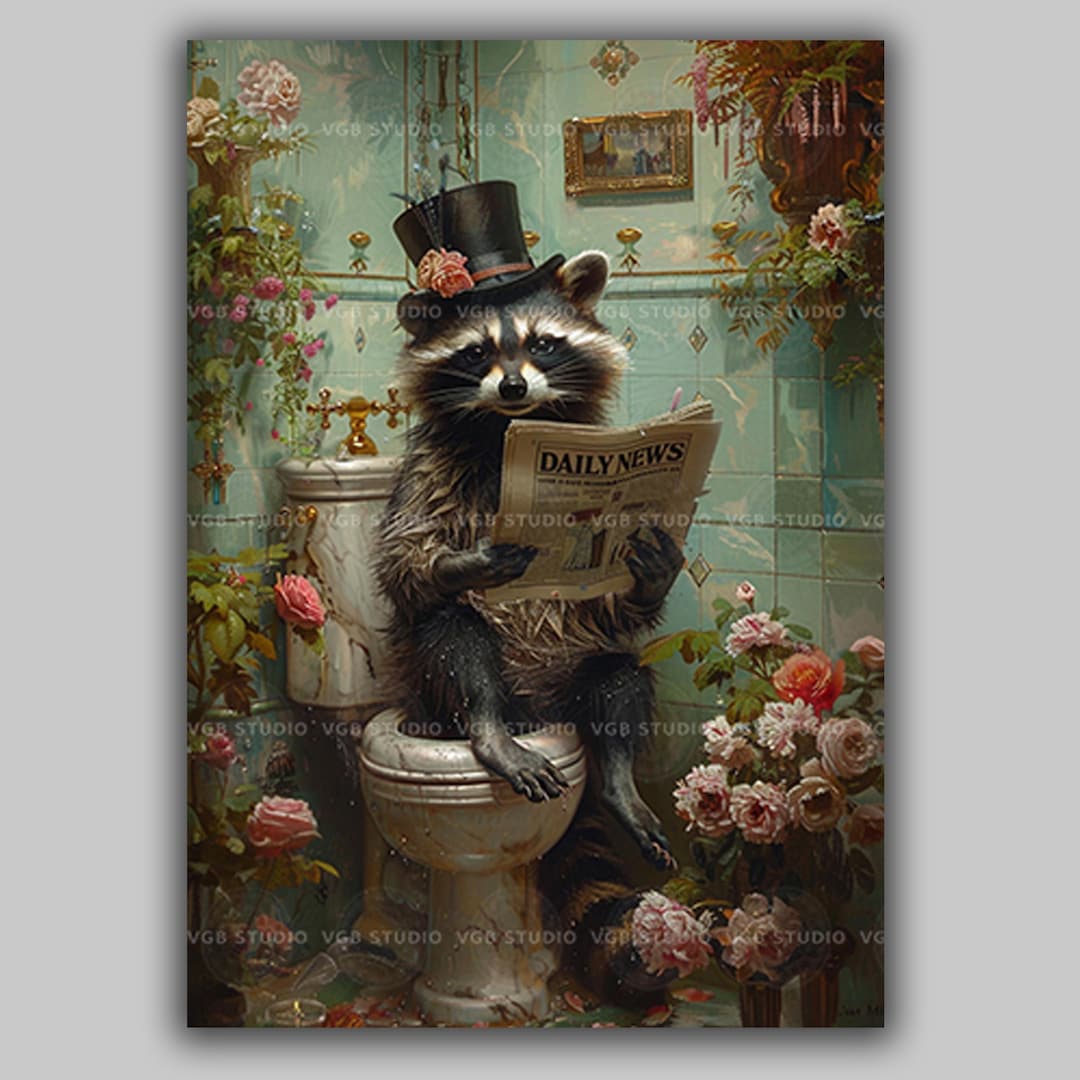 Raccoon Toilet Reading Wall Art Print, Funny Bathroom Animal Decor ...