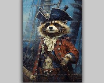 Portret wasbeerpiraat zeerover, nautische printkunst, gekleed dier, grillige dierenkunstwerken, barokke poster, Victoriaans dier, F41