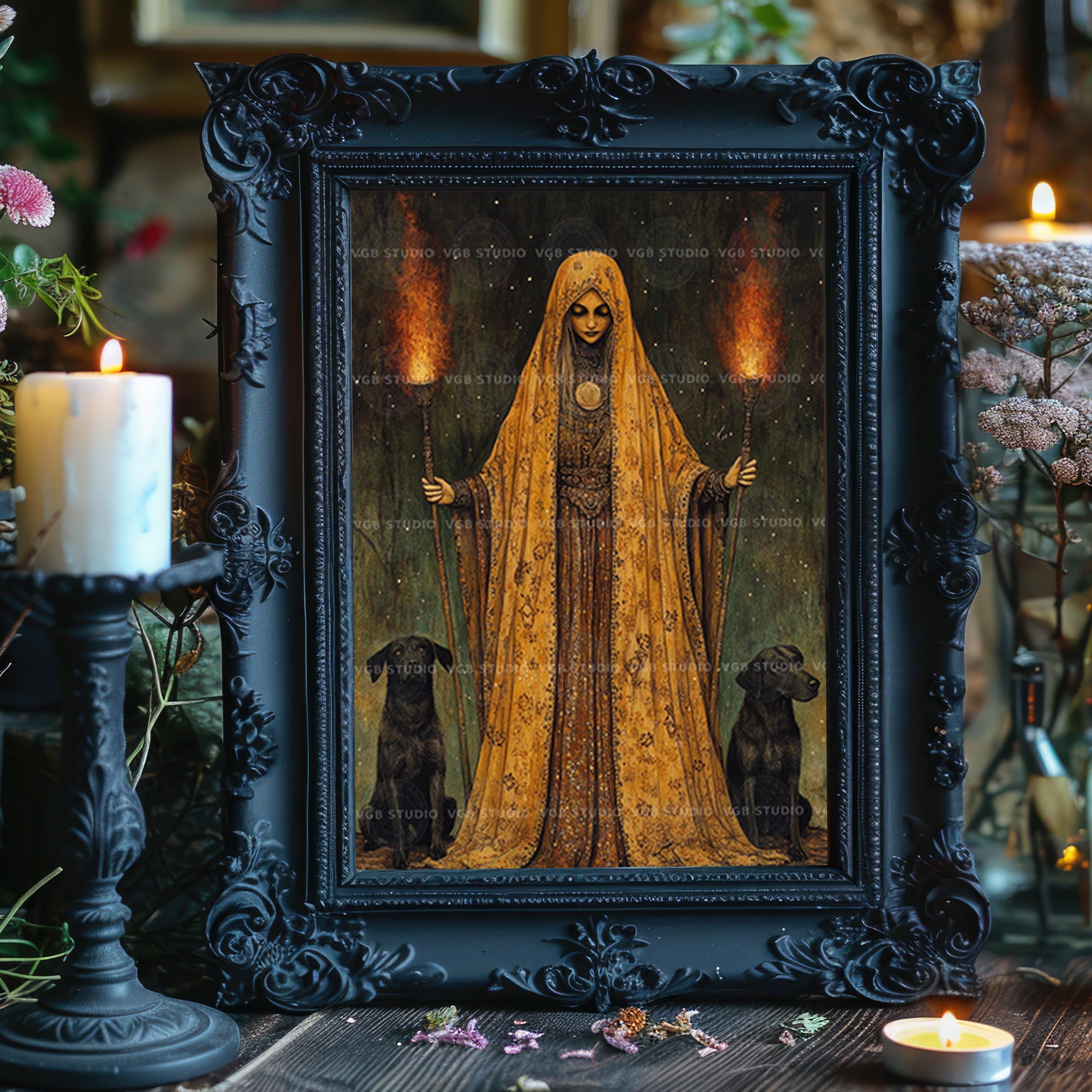 Hecate Goddess Art Print | Dark Goddess With Black Dogs Torches