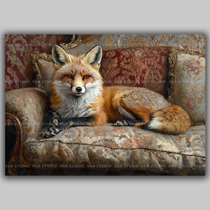 Fox Art Print Victorian Sofa Animal Portrait Whimsical Fox Decor Rustic Wall Gallery Red Fox Painting Vintage Home Cottagecore Gift AH17