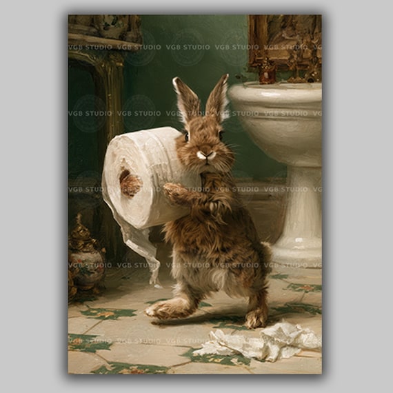 Rabbit Stealing Toilet Paper Art Print, Funny Bathroom Wall Art, Bunny Chewed Through the Roll, Dark Green Vintage Powder Room AN77
