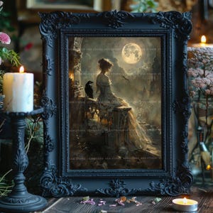 Viktorianische Frau als Kunstdruck, Rabe auf Burgruinen, Vollmond-Wanddeko im Stil der Skurrilität, Gemälde mit dunkler Romantik und Krähe, Stimmungsposter L94 Bild 5