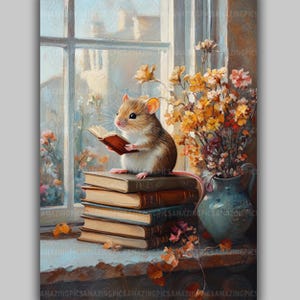 Reading Mouse Art Print Whimsical Hamster Book Lover Cottagecore Decor Cozy Animal Wall Art Autumn Bookshelf Gift Fantasy Illustration AE77
