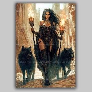 Hecate Goddess Art Print Witch Wall Decor Mythology Artwork Wolves Pagan Gothic Wall Art Triple Moon Magic Greek Goddess Wiccan Decor AG94