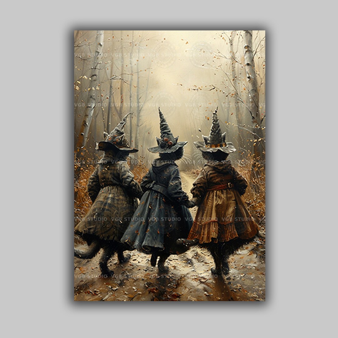 Three Witch Cats Wall Art Print, Black Cat Coven, Autumn Forest ...