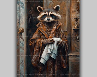 Victorian Raccoon Bathroom Wall Art Print, Funny Animal Bath Decor Portrait Painting Whimsical Powder Room Artwork, Dark Academia Style AK27