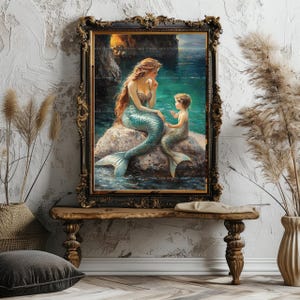 Mermaid Mother Child Art Print Ocean Fantasy Decor Sea Family Painting Whimsical Wall Poster Storybook Illustration Coastal Home Beach AC15 image 8