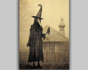 Plague Doctor Witch Art Print, Gothic Halloween Wall Decor, Dark Academia Raven Mask Poster, Macabre Medieval Horror Oddities Gift G56