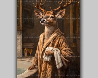 May include: A digital art print depicts a deer-human hybrid in a bathroom setting. The figure wears a brown robe and holds a white towel. The artwork features a vintage aesthetic with warm tones and a touch of whimsy, suitable for home decor.