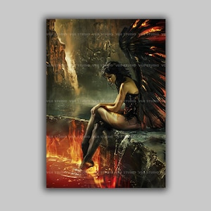 Dark Winged Lilith by Fire Pool Fantasy Art Print Female Demon Goddess Myth Painting q88